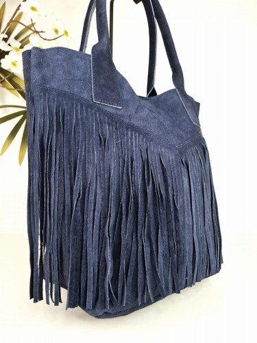 Torebka skórzana granatowa zamszowa shopper z frędzlami i uchwytami, stylowa torebka na ramię, pojemna i wygodna Borse In Pelle