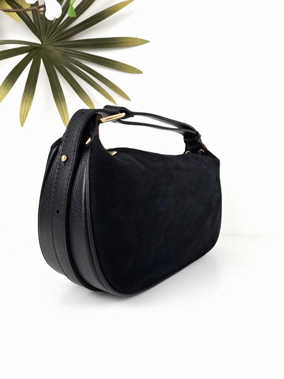 Vera Pelle Torebka damska zamszowa czarna na ramię zamsz skórzana na ramię