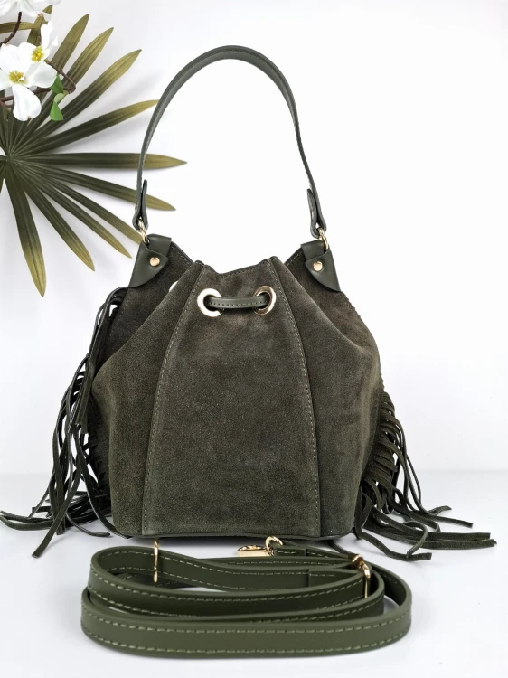 Modna torebka damska zamszowa worek zieleń oliwkowa vera pelle