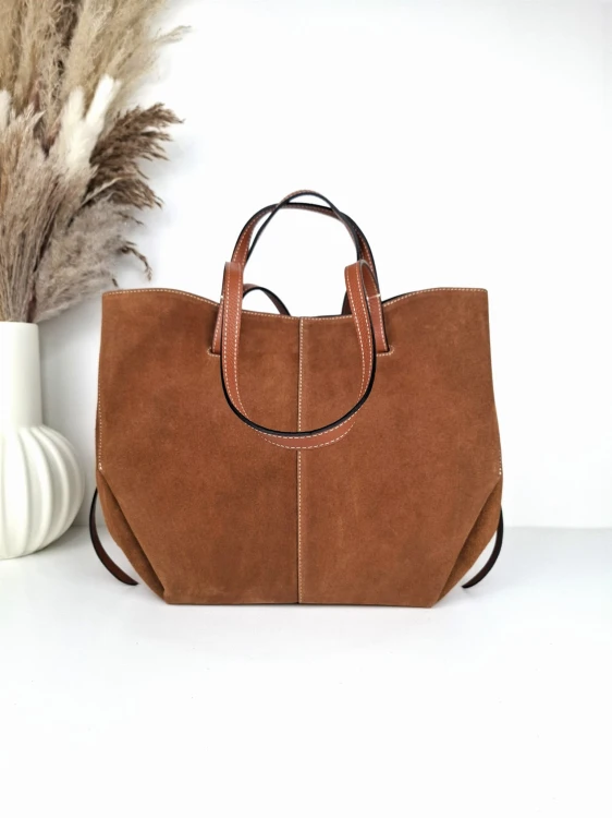 Duża torebka shopperka zamszowa brązowa camel vera pelle