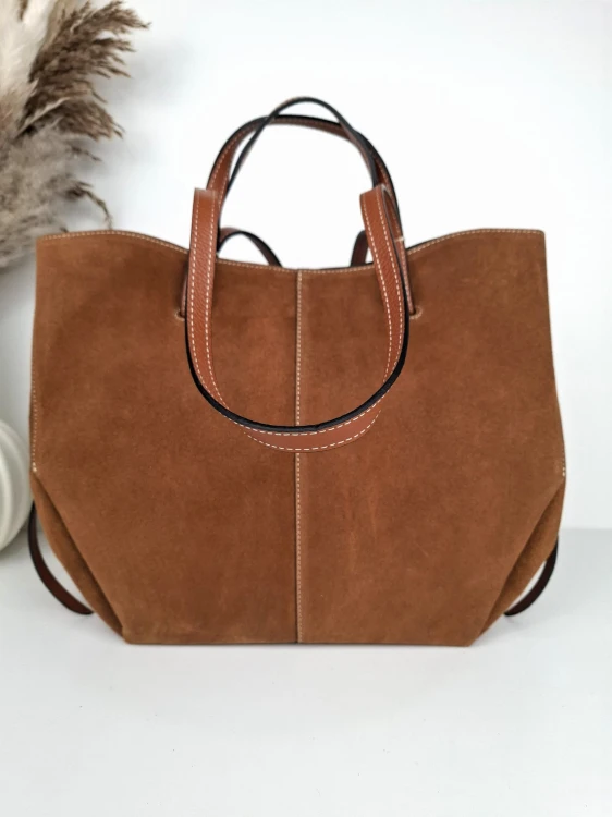 Duża torebka shopperka zamszowa brązowa camel vera pelle