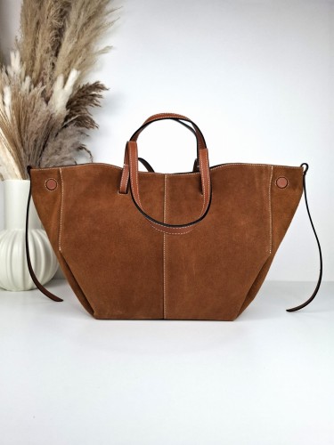 Duża torebka shopperka zamszowa brązowa camel vera pelle