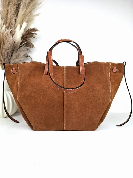 Duża torebka shopperka zamszowa brązowa camel vera pelle