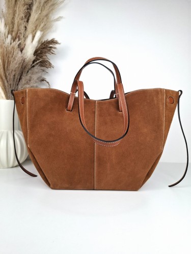 Duża torebka shopperka zamszowa brązowa camel vera pelle