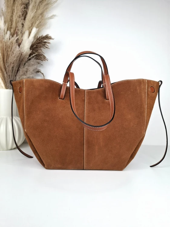 Duża torebka shopperka zamszowa brązowa camel vera pelle