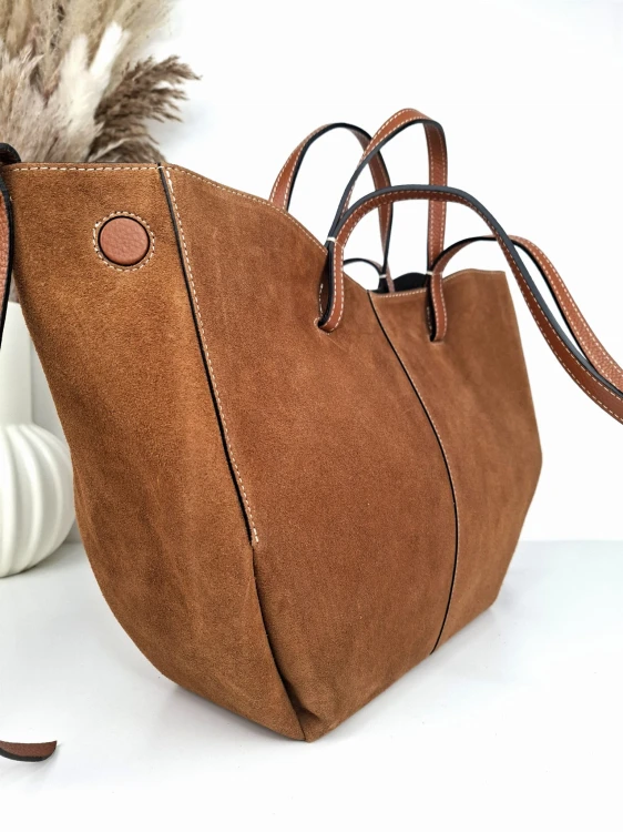 Duża torebka shopperka zamszowa brązowa camel vera pelle