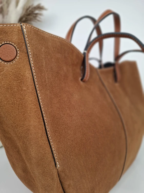 Duża torebka shopperka zamszowa brązowa camel vera pelle