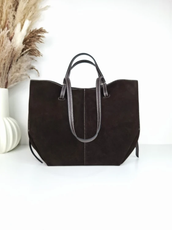 VERA PELLE duża torebka damska shopper w kolorze ciemnobrązowym gorzka czekolada zamsz