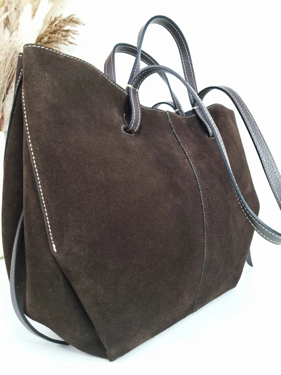 VERA PELLE duża torebka damska shopper w kolorze ciemnobrązowym gorzka czekolada zamsz