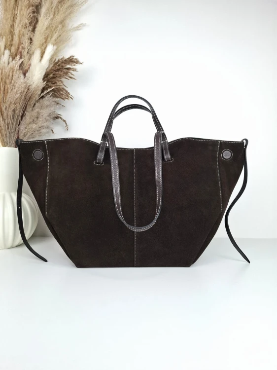 VERA PELLE duża torebka damska shopper w kolorze ciemnobrązowym gorzka czekolada zamsz