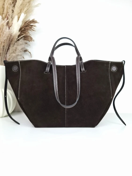 VERA PELLE duża torebka damska shopper w kolorze ciemnobrązowym gorzka czekolada zamsz