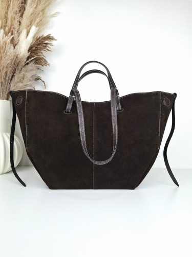 VERA PELLE duża torebka damska shopper w kolorze ciemnobrązowym gorzka czekolada zamsz
