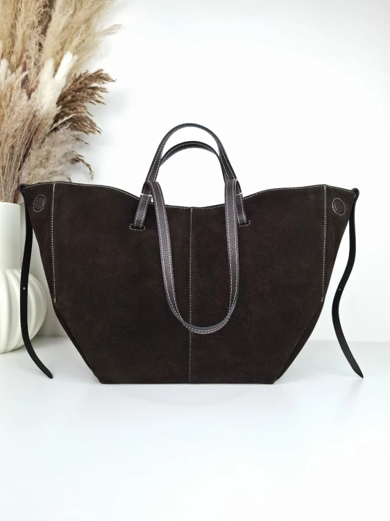 VERA PELLE duża torebka damska shopper w kolorze ciemnobrązowym gorzka czekolada zamsz