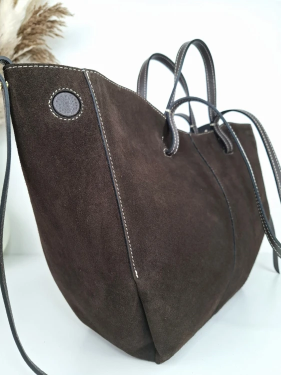VERA PELLE duża torebka damska shopper w kolorze ciemnobrązowym gorzka czekolada zamsz