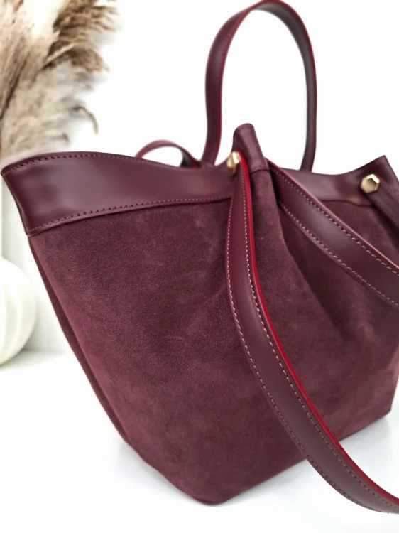 butik hrabina duża torebka zamszowa z podwójnymi uchwytami  kolor bordo