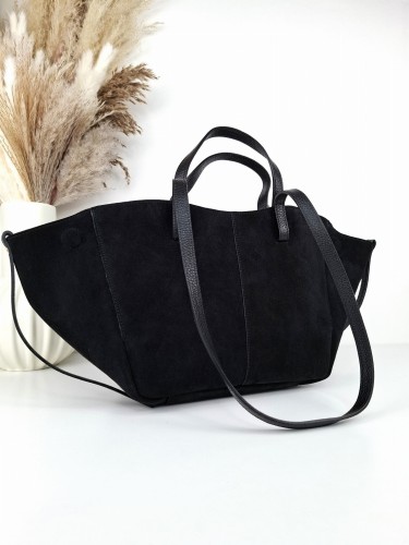 torebka zamszowa czarna polenka modna dwa uchwyty