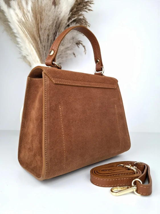 vera pelle torebka damska  zamszowa kuferek camel brąz