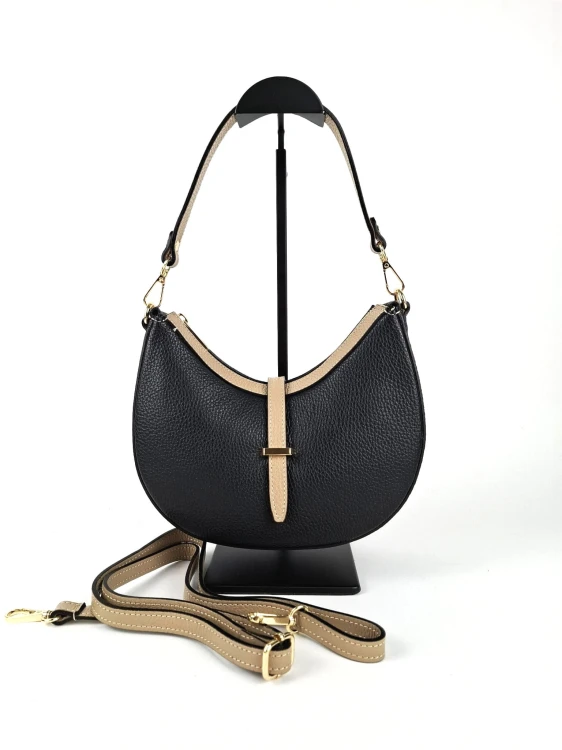 mała torebka czarna skóra naturalna z dwoma paskami