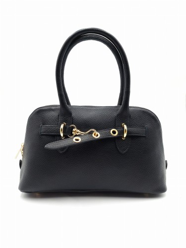 vera pelle kuferek damski czarny skórzany z ozdobnym złotym zapięciem  średnia wielkość