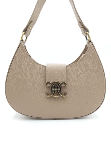 Skórzana torebka włoska taupe – widok przód z dekoracyjnym zapięciem