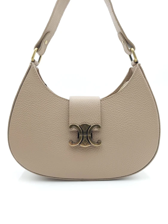 Skórzana torebka włoska taupe – widok przód z dekoracyjnym zapięciem