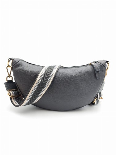 Szara torebka księżyc z ozdobnym tkanym paskiem w geometryczne wzory