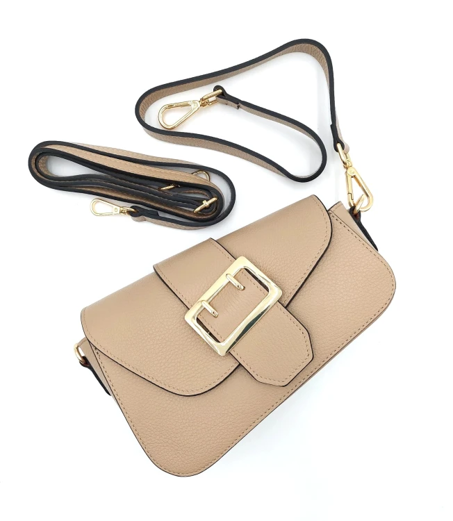 Torebka skóra naturalna beżowa taupe  z dwoma paskami i klamrą na klapce