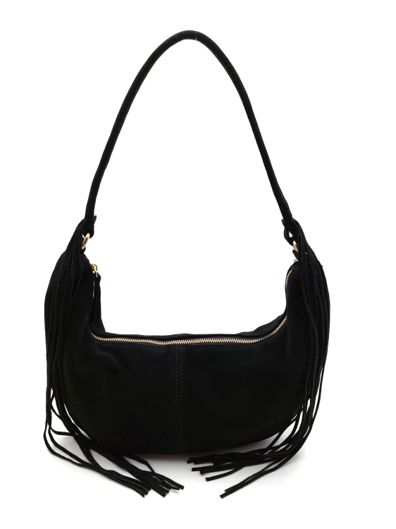 czarna zamszowa torebka na ramię  frędzle